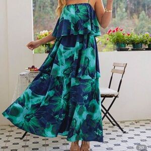 Elegant Floral Maxi Dress in Blue and Green